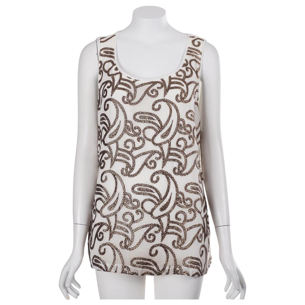 NWT Chico's Top 2/L Ivory Gold Sequins Paisley Sleeveless Scoop Neck Tank